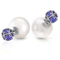 ALARRI 14K Solid White Gold Tribal Double Shell Pearls And Tanzanites Stud Earrings