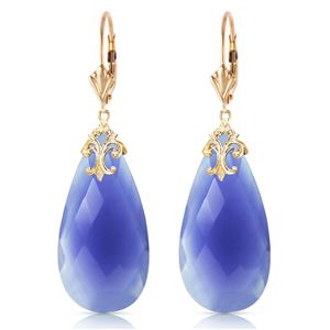 ALARRI 14K Solid Gold Leverback Earrings w/ Briolette 31x16 mm Deep Blue Chalcedony