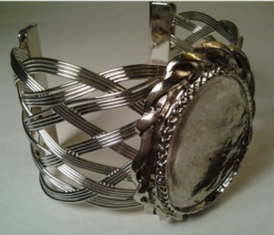 Woven Cuff Bangle - Oval Bezel - Rhodium Finish