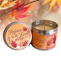 "Rejoice in the Lord always"  Scripture Candle Tin - Sticky Fig fragrance