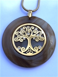 BBAP-GTOL Brown Banded Agate with Gold Tree of Life Stone Pendant