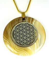 BBAP-SFOL   Brown Banded Agate Sacred Geometry with Silver Flower of Life Stone Pendant