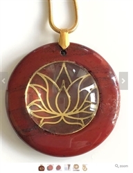 RJDP-GLF Red Jasper Glass Dome Stone Pendants - Gold Plated Lotus Flower