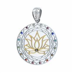 SGLFP-Gem-01 Silver and Gold Plated Stainless Steel Lotus Flower Pendant with Multi-colored Gemstones