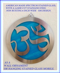 6" Om Mobile - Stainless Steel with Aqua Blue Stained Glass (StainGlassOm)