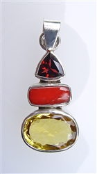 hessonite garnet, red coral, and citrine pendant