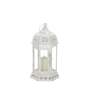 Distressed White Floral Candle Lantern