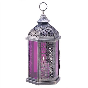 Purple Glass Pewter-finish Metal Candle Lantern