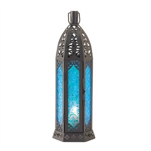 Tall Floret Blue Glass Black Metal Candle Lantern