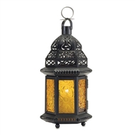 Yellow Glass Black Metal Moroccan Style Candle Lantern