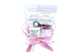 Bath Gift Set that includes exfoliating sugar cubes, bath confetti, whipped body butter and edible lip scrub in off-white basket