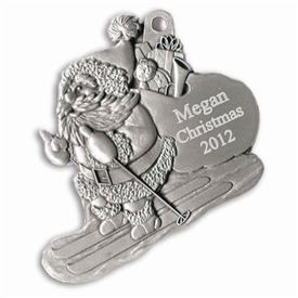 Engravable Santa on Skis Pewter Ornament