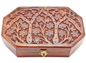 <!WBX16>Floral Carved Hexagonal Wooden Box - 4"x6"