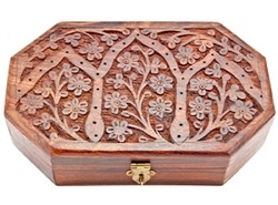 <!WBX16>Floral Carved Hexagonal Wooden Box - 4"x6"