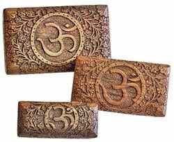 <!WBX93>Om Symbol Carved Wood Box 8"L, 6.5"L, 5.5"L (Set of 3)