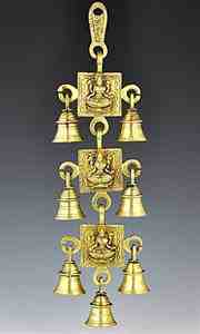 Three Goddess Laxmi Solid Brass Wall Hanging Chime with Seven Bells