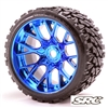 Monster Truck Terrain Crusher Belted tire Pre-Glued on WHD Blue Chrome wheel (2)