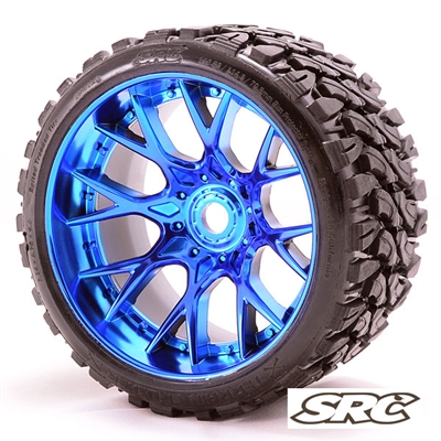 Monster Truck Terrain Crusher Belted tire Pre-Glued on WHD Blue Chrome wheel (2)