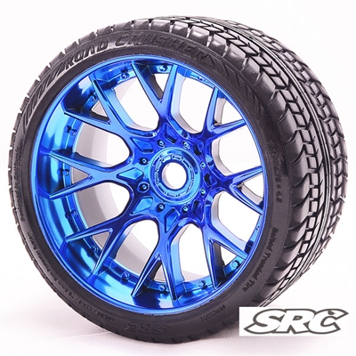 Monster Truck Road Crusher Belted tire Pre-Glued with WHD Blue Chrome wheel