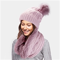 2PCS CABLE KNIT INFINITY SCARF POM POM BEANIE HAT SET