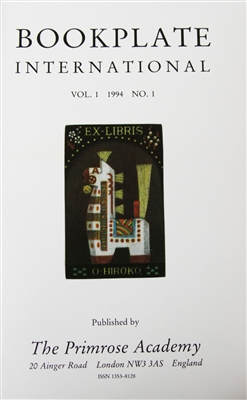 Cover of Bookplate International , Vols 1-11, edited by William E Butler and Maryann Gashi-Butler, The Primrose Academy (1994-2004), journal about bookplates with photographs and illustrations of, and articles about, bookplates as well as book reviews.