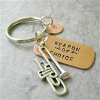 Trombone Key chain, Weapon of Choice, copper dog tag with trombone charm