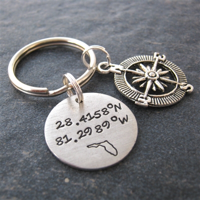 Latitude Longitude Key Chain with Compass