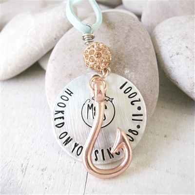 Hooked On You Ornament with initials and anniversary date, rose gold hook