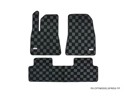 P2M TESLA MODEL 3 FRONT+REAR CHECKERED FLOOR MATS : DARK GREY