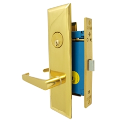 Maxtech (Marks Metro 116DW/3-X Like) Wide Face Plate, Left Hand, Polished Brass, Heavy Duty Mortise Lock Lever Vestibule Function Always Locked Storeroom Latch Only 2-1/2" Lock Set, Screwless Lever Thru Bolted Lockset