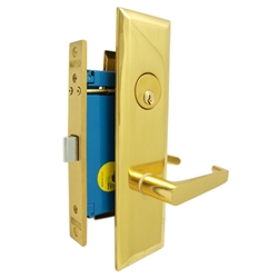 Maxtech (Marks Metro 116DW/3-X Like) Polished Brass, Wide Face Plate, Right Hand, Heavy Duty Mortise Lock Lever Vestibule Function Always Locked Storeroom Latch Only 2-1/2" Lock Set, Screwless Lever Thru Bolted Lockset