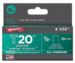 Arrow, 206, T-20 3/8" Narrow Flat Crown Staple, For T-2025 Multipurpose Tacker