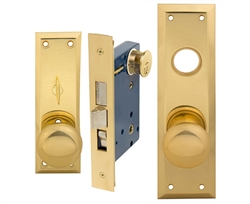 Em-D-Kay (Marks 91A/3-X Like) 5100XR, Polished Brass, Wide Face Plate, Right Hand, Heavy Duty Mortise Entry Lockset, Surface Mounted Screw-on Knobs Lock Set