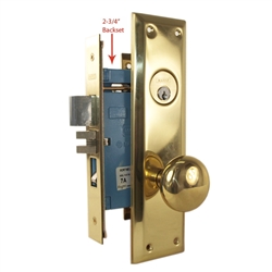 Marks Metro 71A/3, Polished Brass US3 Right Hand Mortise Entry Lockset Surface Mounted - Screw On Knobs with Swivel Spindle, 2-3/4" Backset, 1-1/4" x 8" Wide Faceplate, Lock Set