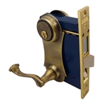 Marks, 9215AC/5-W-LHR, Antique Brass, Left Hand Reverse, Ornamental Unilock Lever Plate Mortise Entry Lockset Iron Gate Door Double Cylinder Lock Set
