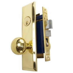 Marks New Yorker 9NY10A/3, Left Hand Polished Brass Mortise Entry Lock Set, Screwless Knobs Thru-Bolted Lockset