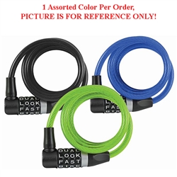 Wordlock CL-558-AS 8mm x 4' FT L Head Resettable 4 Dial Combination Bike Cable Lock 1 Assorted Color Per Order (Black, Blue & Green)