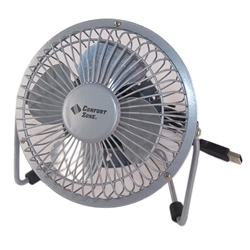 Comfort Zone CZHV4S Silver Fan 4" Desktop Adjustable, Metal, High Velocity Cradle Fan, Dual Powered