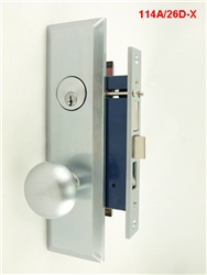Maxtech (Marks 114A/26D Like) Left Hand, Wide Face Plate, Heavy Duty Satin Chrome 26D Mortise Entry Lockset, Screwless Knobs Thru Bolted Lock Set