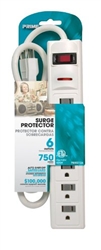 Prime, PB802124, White, 6 Outlet Surge Protector, 3' Foot Cord, 750 Joules