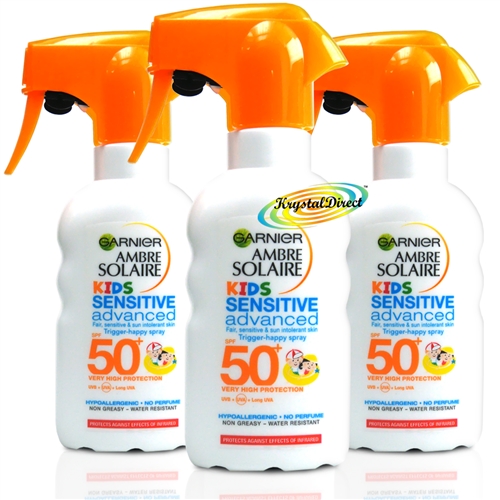 3x Garnier Ambre Solaire Kids Sensitive Advanced Sun Cream Spray SPF50+ 200ml