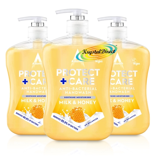 3x Astonish Protect & Care Liquid Soap Hand Wash Milk & Honey 600ml