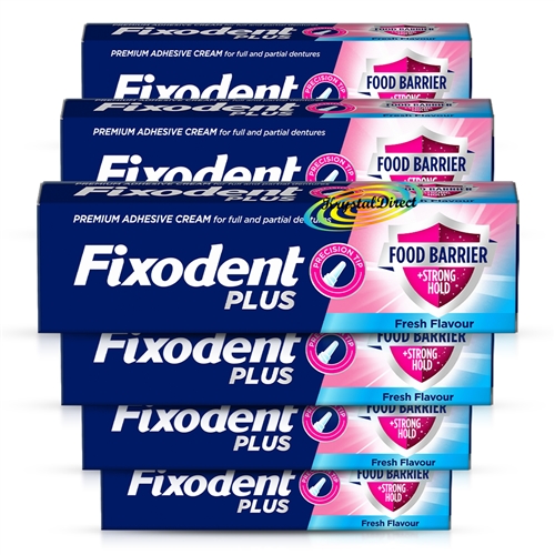 6x Fixodent Plus Food Barrier Strong Hold Denture Adhesive Cream 40g