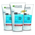 3x Garnier Pure Active 3 in 1 Clay Face Wash Scrub Mask 150ml with Niacinamide