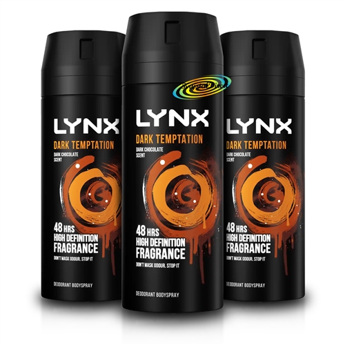 3x Lynx Dark Temptation Body Spray Deodorant 48H Dark Chocolate Scent 150ml