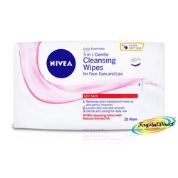 25 Nivea 3 in 1 Gentle Daily Facial Face Cleansing Soft Wipes For Dry Skin