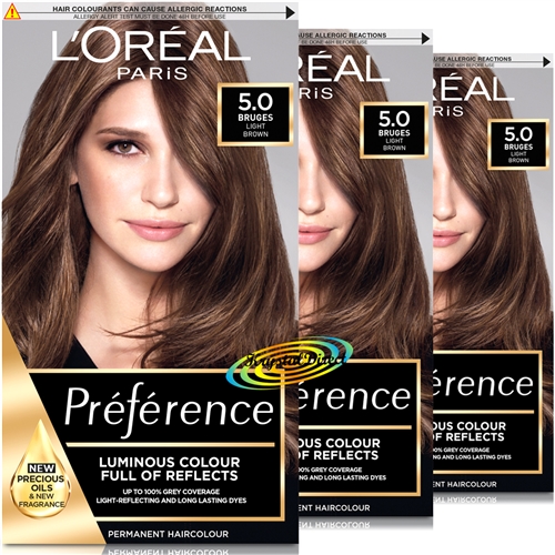 3x Loreal Preference Bruges 5.0 LIGHT BROWN Permanent Hair Colour Dye