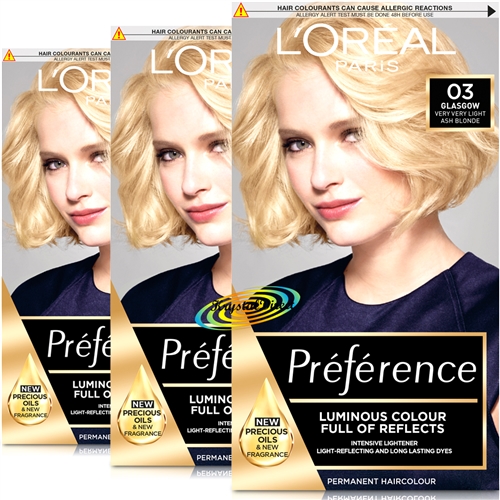 3x Loreal Preference 03 Glasgow Very Very Light Ash Blonde Permanent Hair Colour