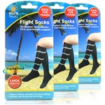 3x Sure Travel Flight Compression Unisex DVT 12-17mmHg Black LARGE Socks