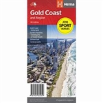 Australia Gold Coast & Region Travel map. This map is full of detail, color and vibrancy. One side has a complete street and road map of the central Gold Coast area between Southport and Broadbeach, which also shows all the shopping centers, attractions a